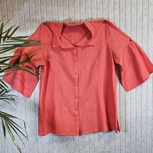 Soft Surroundings Coral Linen Blend Tunic Top 1X Bell Sleeve Button Front